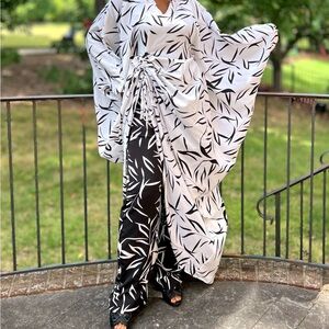 Elegant Black and White Handmade Leaf Print Ruched Two Piece Maxi Kaftan Set